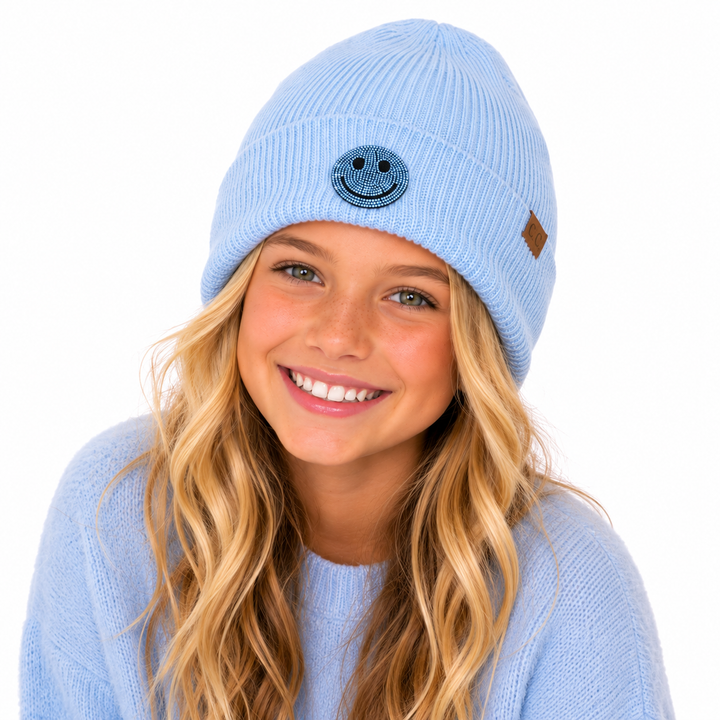 Girl's Solid Color Beanie with Rhinestone Happy Face Patch
