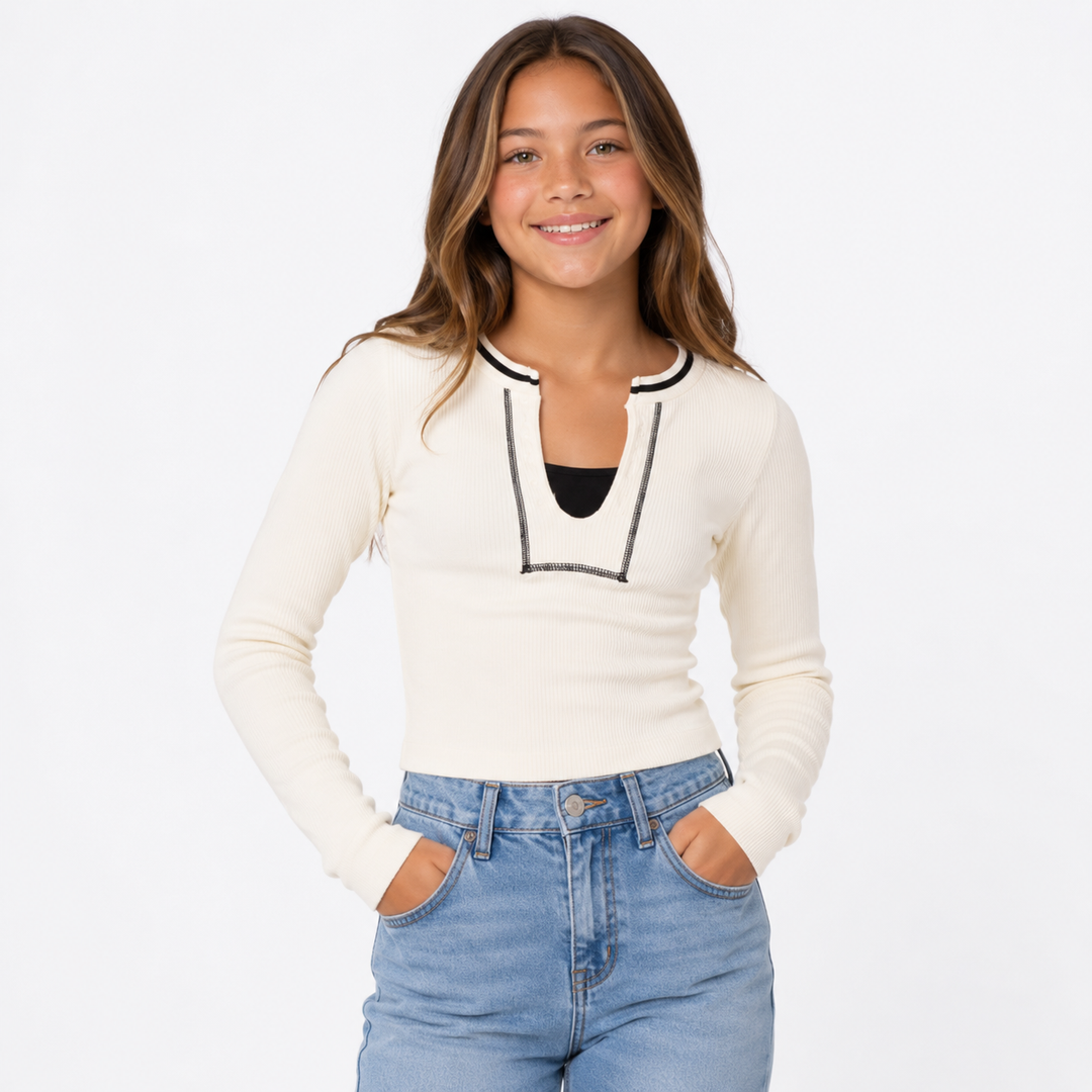 Girl's (8-14) Seamless Long Sleeve Ribbed Top with Contrast Stitching