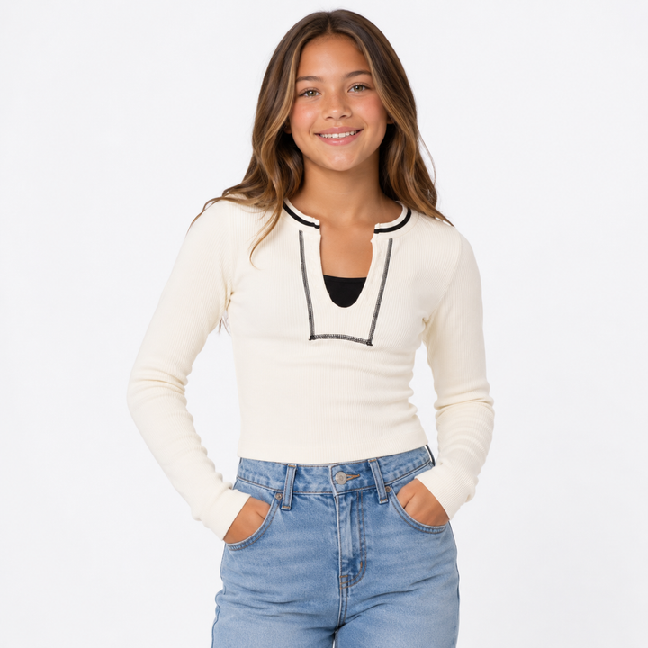 Girl's (8-14) Seamless Long Sleeve Ribbed Top with Contrast Stitching