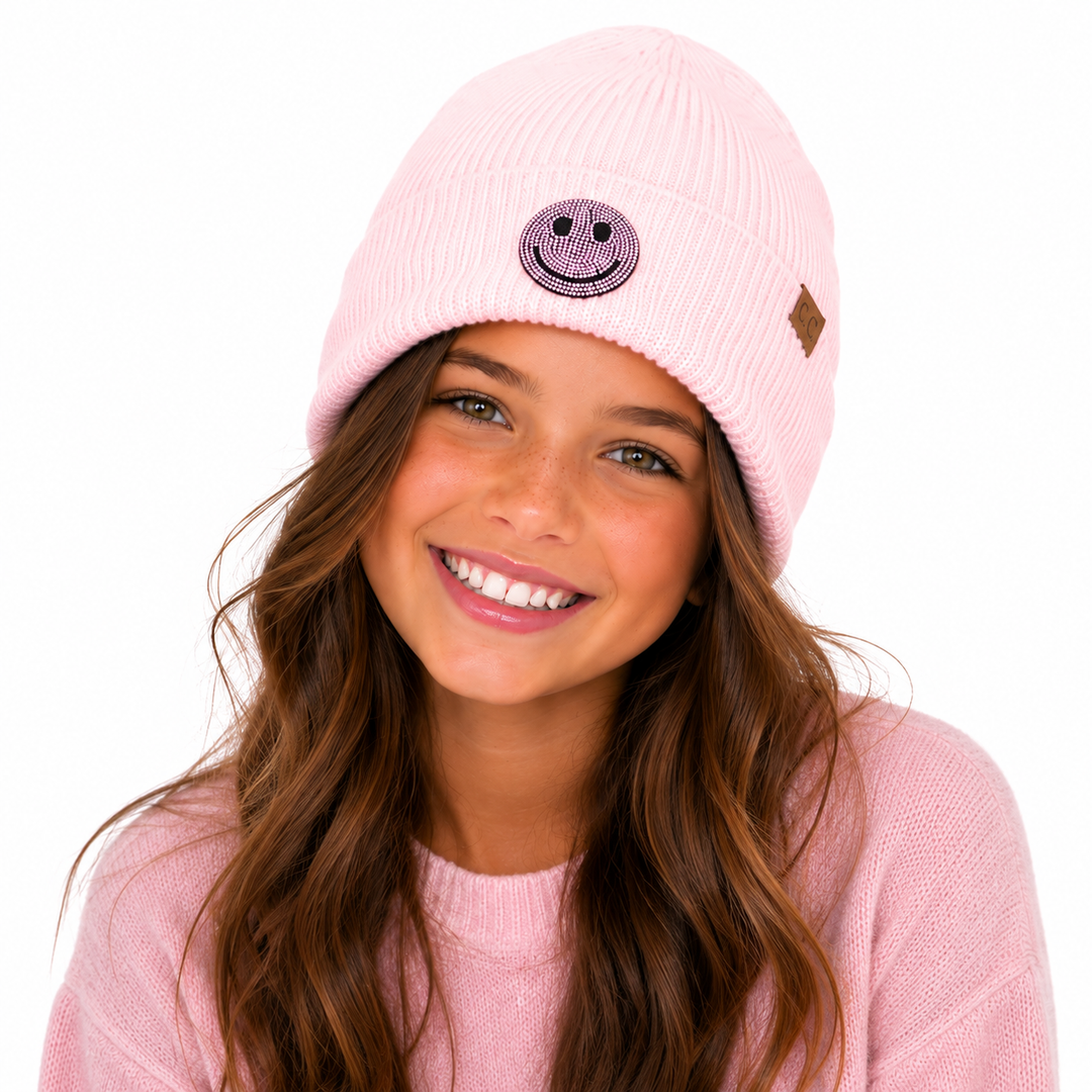 Girl's Solid Color Beanie with Rhinestone Happy Face Patch