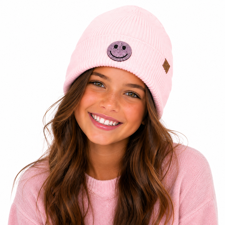 Girl's Solid Color Beanie with Rhinestone Happy Face Patch