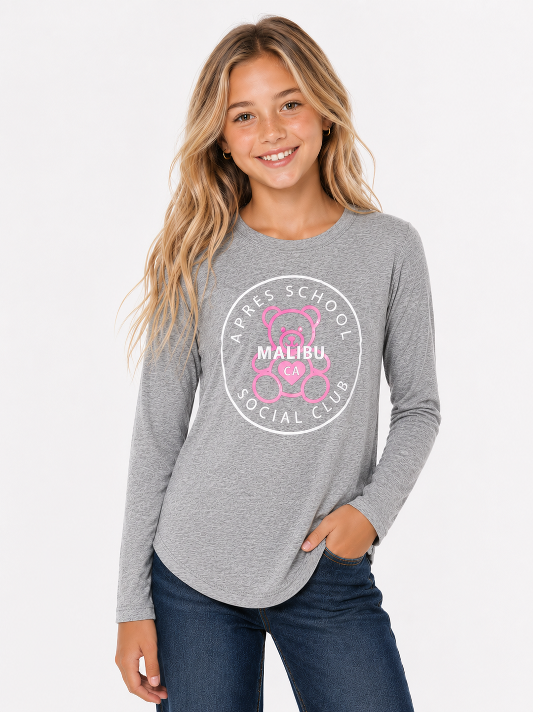 Girl's (8-14) Long Sleeve Tunic Top with "APRES SCHOOL SOCIAL CLUB with Teddy Bear" Screen
