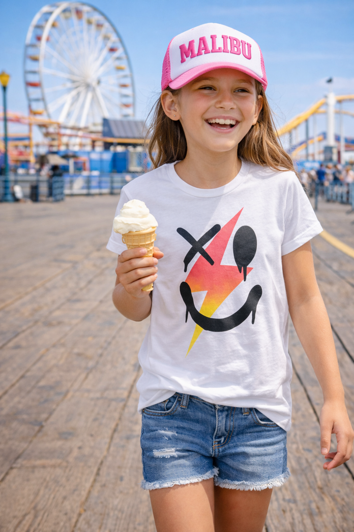 Girl's (8-14) Short Sleeve Tee with Ombre Lightning Bolt with Drippy Happy Faces Screen
