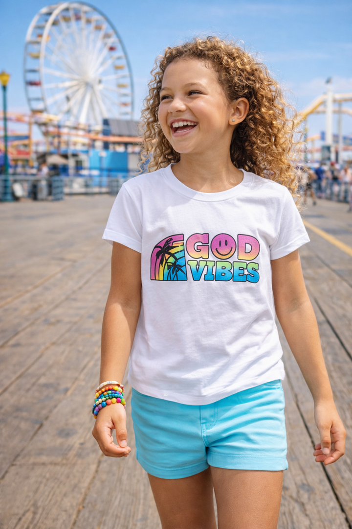 Little Girls (4-6x) Short Sleeve T-Shirt with Good Vibes Rainbow screen