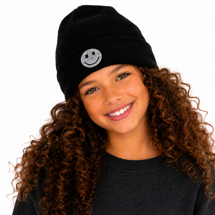 Girl's Solid Color Beanie with Rhinestone Happy Face Patch