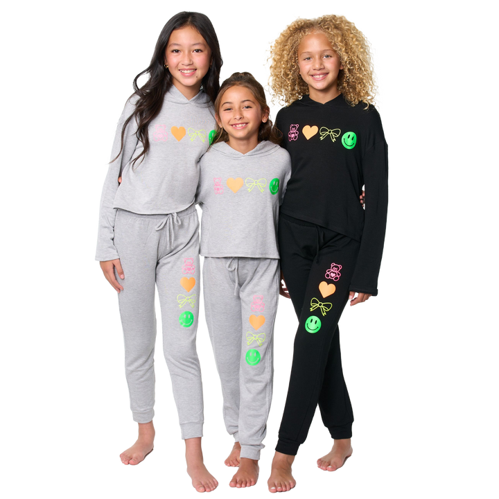 Little Girl's (4-6x) Butter Fleece Sweatpants with our Teddy Bear, Bow, Smiley Face and Heart Screen