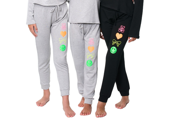 Girl's (8-14) Butter Fleece Sweatpants with Neon Teddy Bear, Bow, Smiley Face, Heart Icons Screen