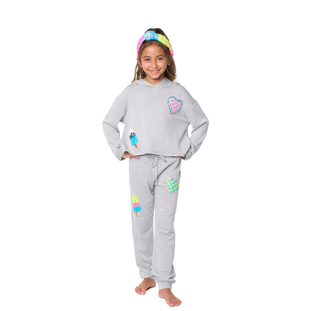 Little Girl's (4-6x) Butter Fleece Hooded Sweatshirt with our Sequin Checkered Heart & Ice Cream Patches