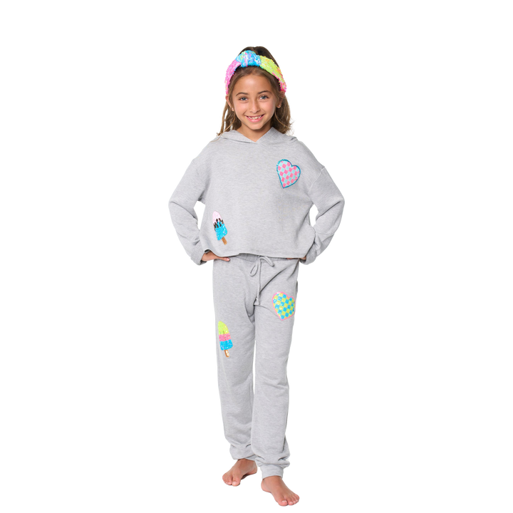 Little Girl's (4-6x) Butter Fleece Hooded Sweatshirt with our Sequin Checkered Heart & Ice Cream Patches