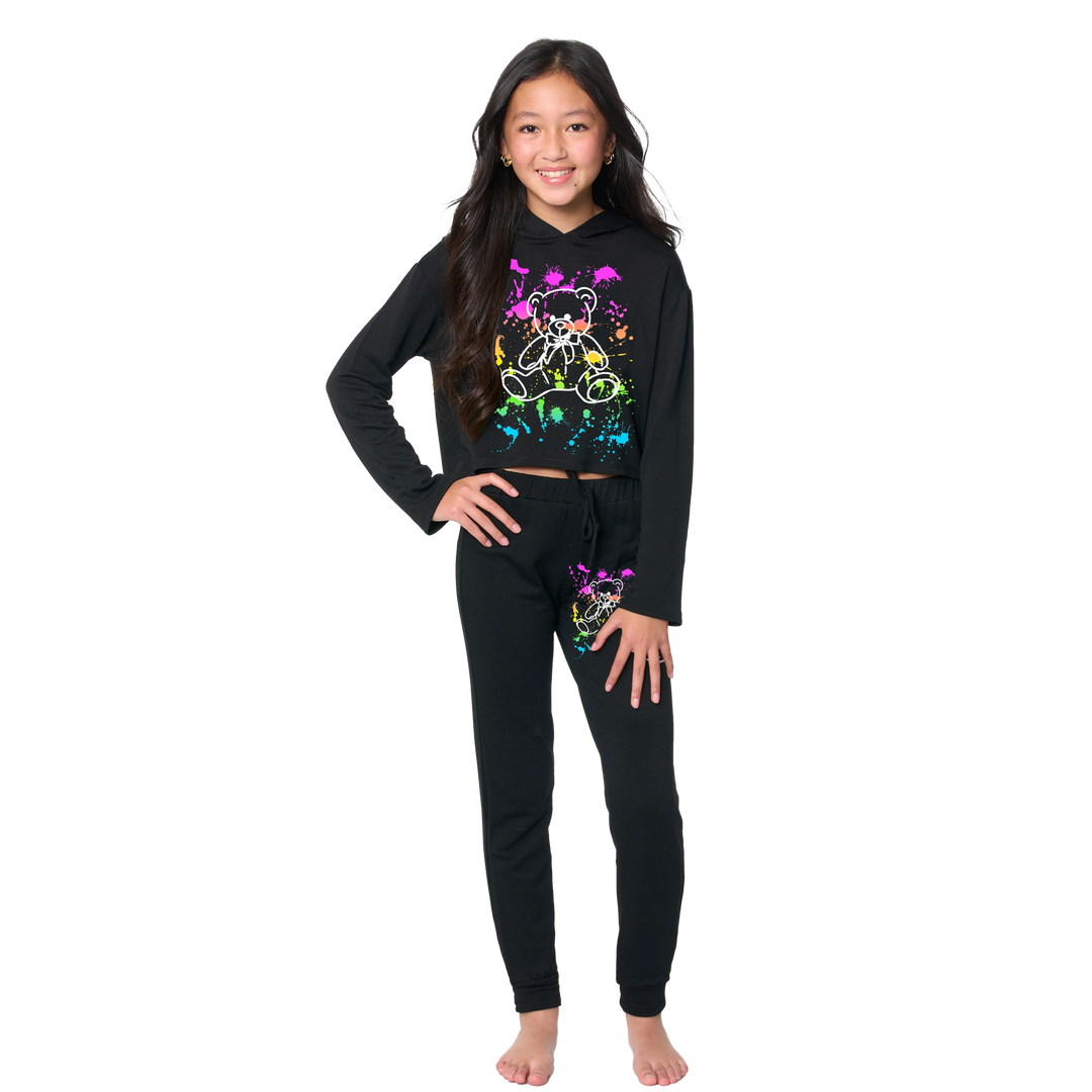 Girl's (8-14) Butter Fleece Hooded Sweatshirt with "Scattered Paint with White Teddy Bear" Screen