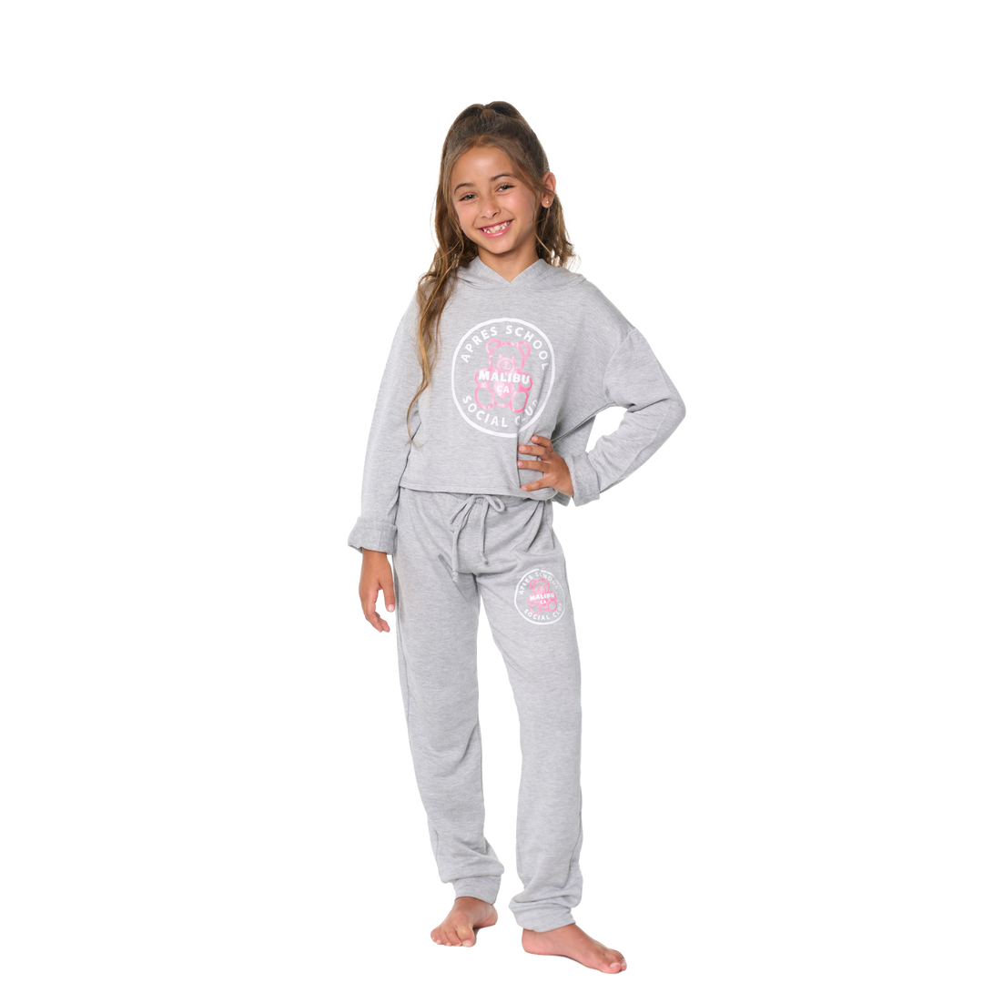 Little Girl's (4-6x) Butter Fleece Hooded Sweatshirt with our "APRES SCHOOL SOCIAL CLUB with Teddy Bear" Screen