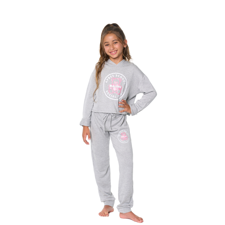 Little Girl's (4-6x) Butter Fleece Hooded Sweatshirt with our "APRES SCHOOL SOCIAL CLUB with Teddy Bear" Screen