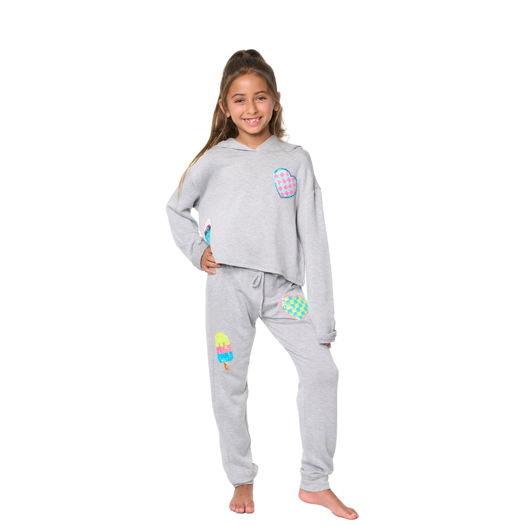 Little Girl's (4-6x) Butter Fleece Hooded Sweatshirt with our Sequin Checkered Heart & Ice Cream Patches