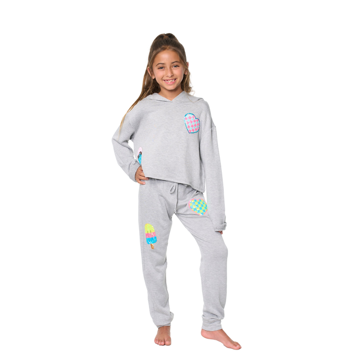 Little Girl's (4-6x) Butter Fleece Hooded Sweatshirt with our Sequin Checkered Heart & Ice Cream Patches