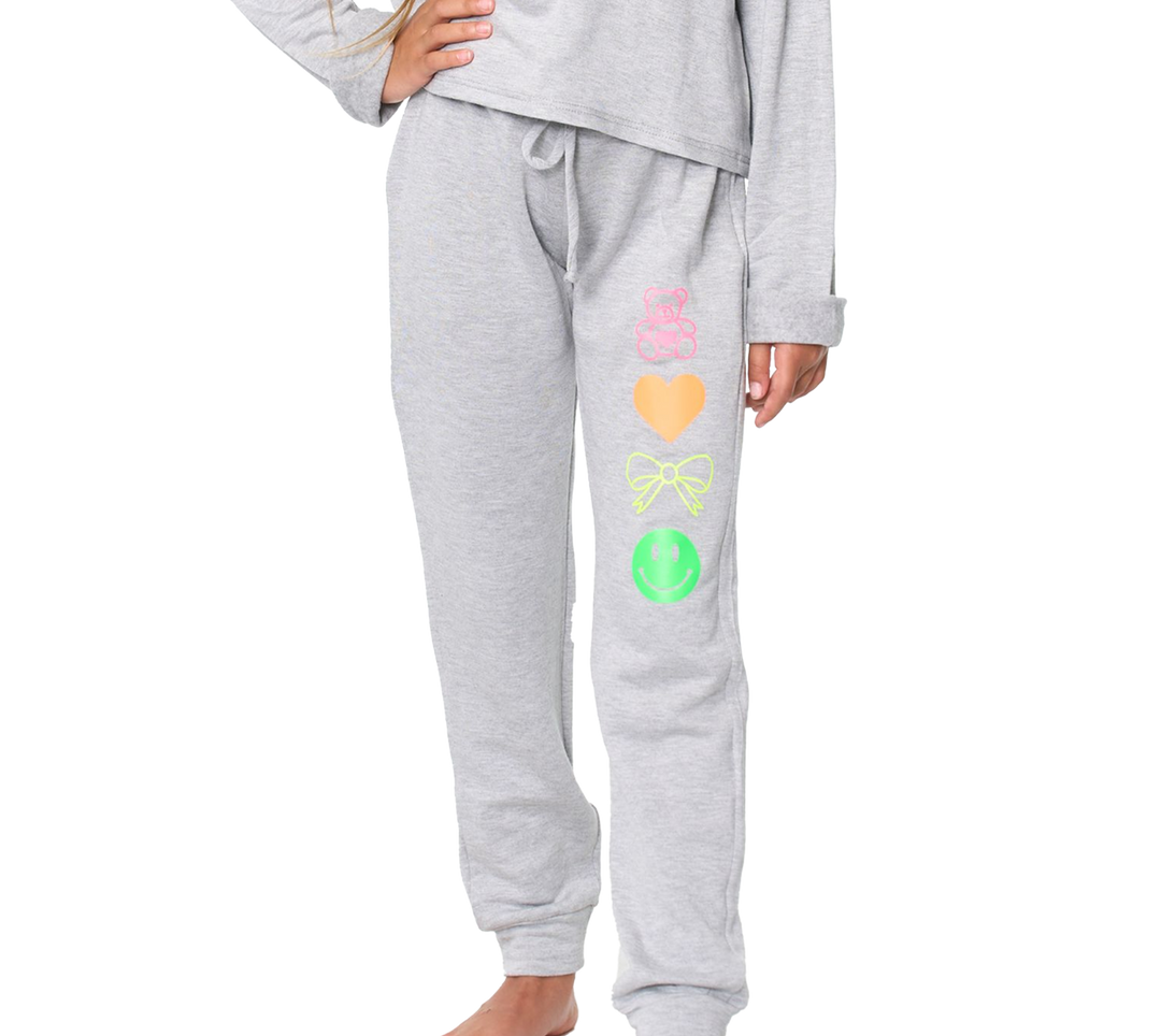 Girl's (8-14) Butter Fleece Sweatpants with Neon Teddy Bear, Bow, Smiley Face, Heart Icons Screen
