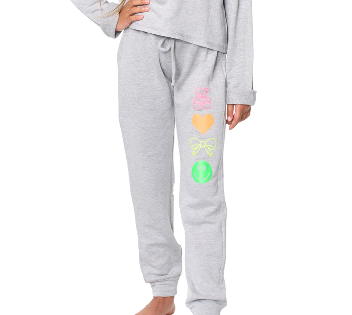 Girl's (8-14) Butter Fleece Sweatpants with Neon Teddy Bear, Bow, Smiley Face, Heart Icons Screen