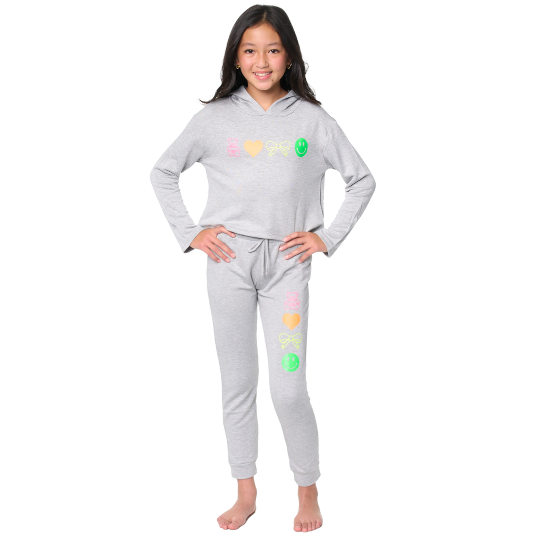 Girl's (8-14) Butter Fleece Sweatpants with Neon Teddy Bear, Bow, Smiley Face, Heart Icons Screen