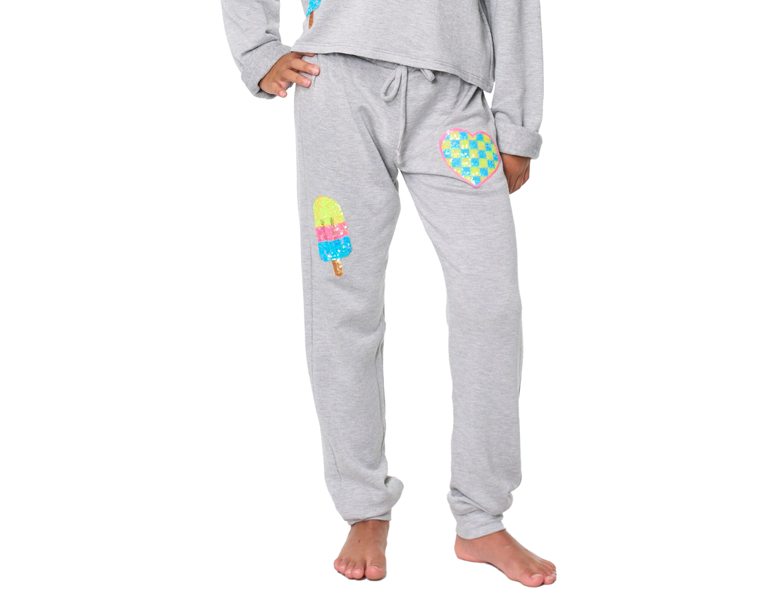 Little Girl's (4-6x) Butter Fleece Sweatpants with our Sequin Checkered Heart & Ice Cream Patches