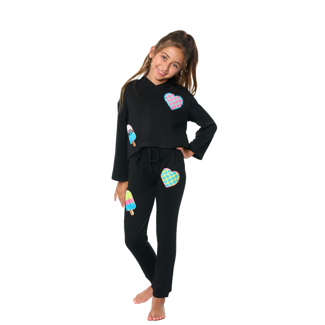 Little Girl's (4-6x) Butter Fleece Hooded Sweatshirt with our Sequin Checkered Heart & Ice Cream Patches