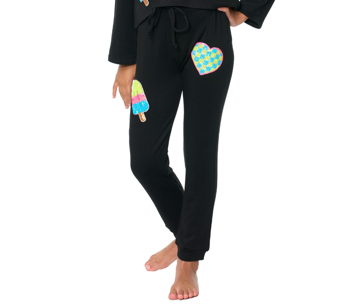 Little Girl's (4-6x) Butter Fleece Sweatpants with our Sequin Checkered Heart & Ice Cream Patches