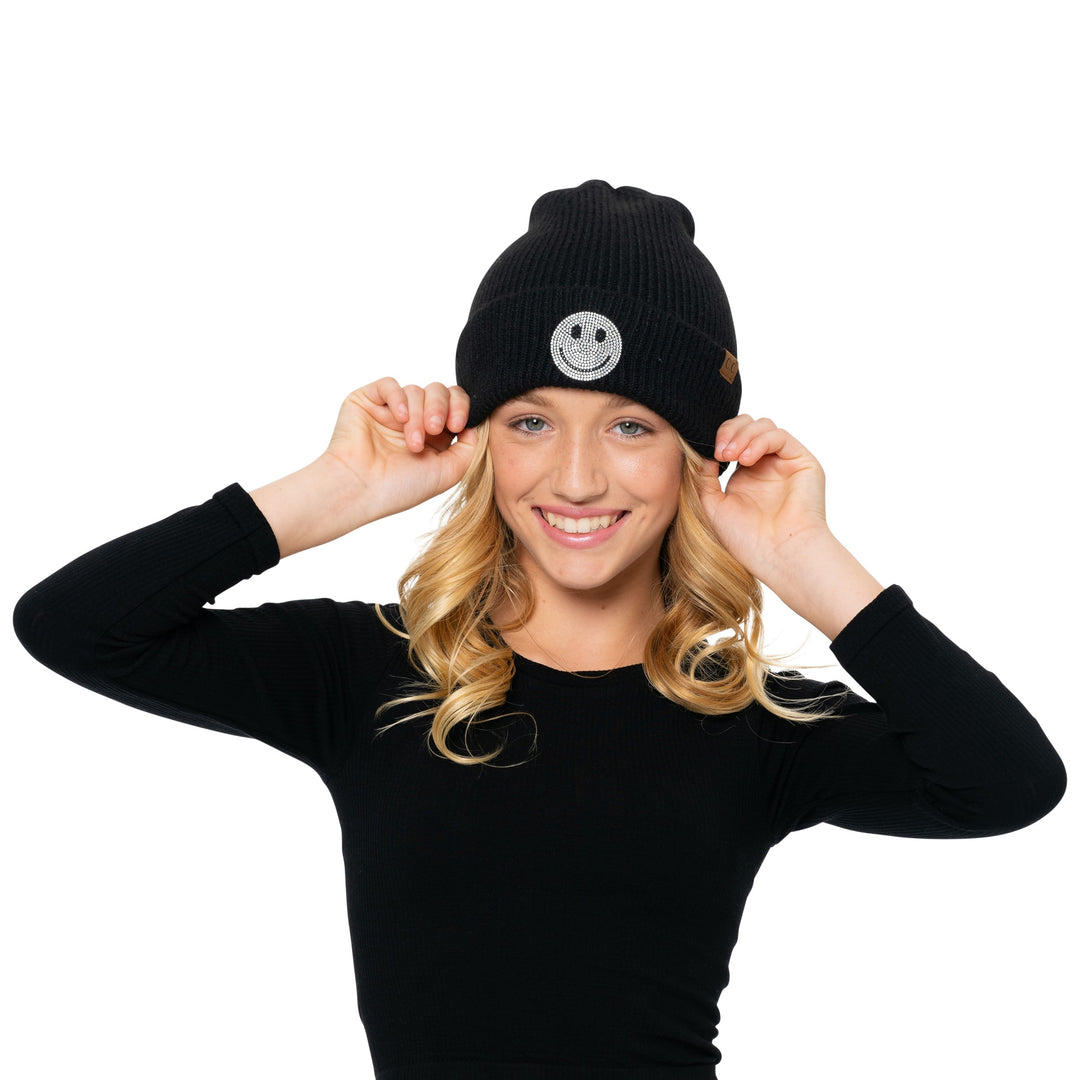 Girl's Solid Color Beanie with Rhinestone Smiley Face Patch