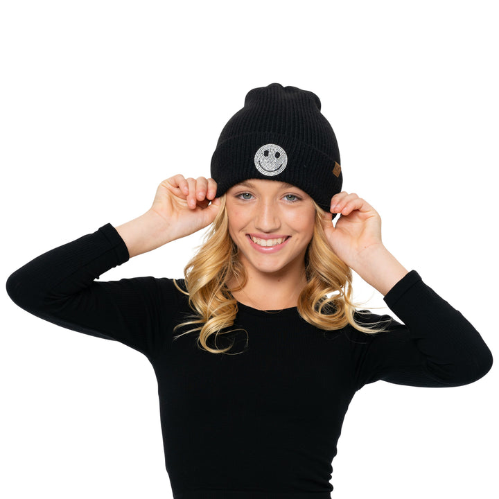Girl's Solid Color Beanie with Rhinestone Smiley Face Patch