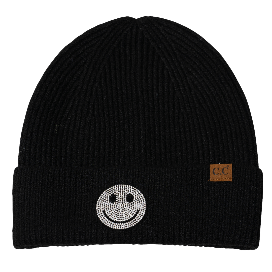 Girl's Solid Color Beanie with Rhinestone Smiley Face Patch