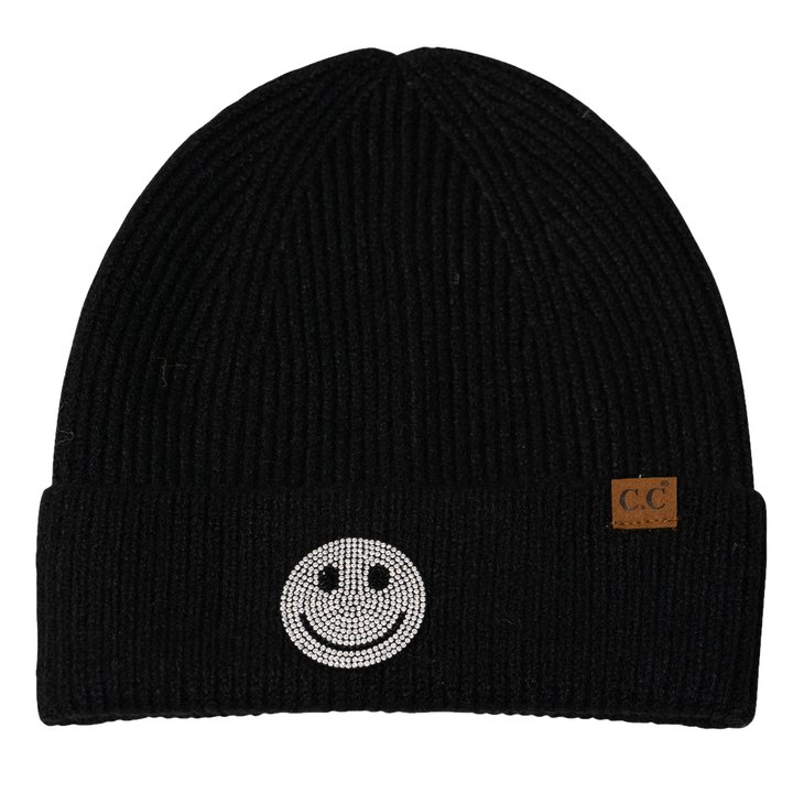 Girl's Solid Color Beanie with Rhinestone Smiley Face Patch