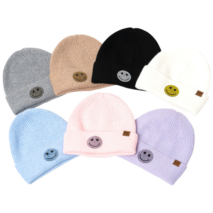Girl's Solid Color Beanie with Rhinestone Smiley Face Patch