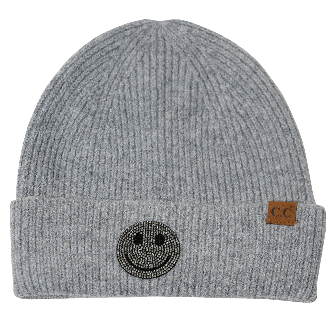 Girl's Solid Color Beanie with Rhinestone Smiley Face Patch