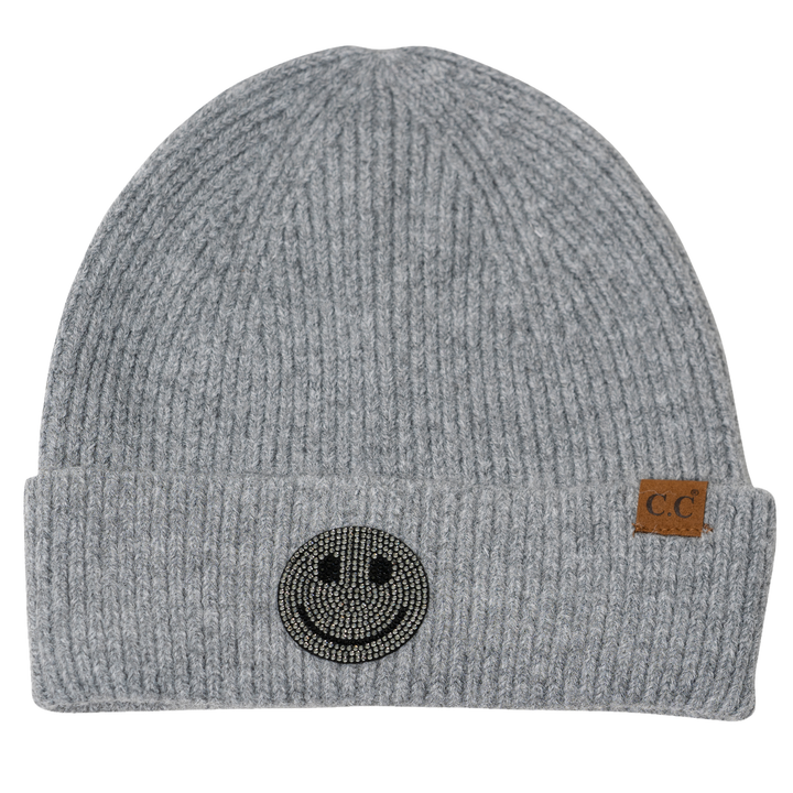 Girl's Solid Color Beanie with Rhinestone Smiley Face Patch