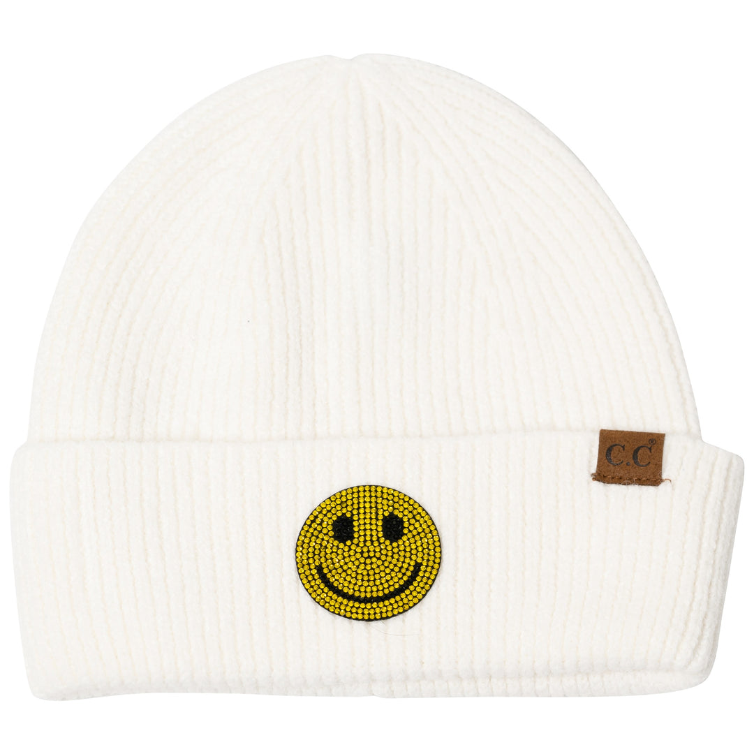 Girl's Solid Color Beanie with Rhinestone Smiley Face Patch
