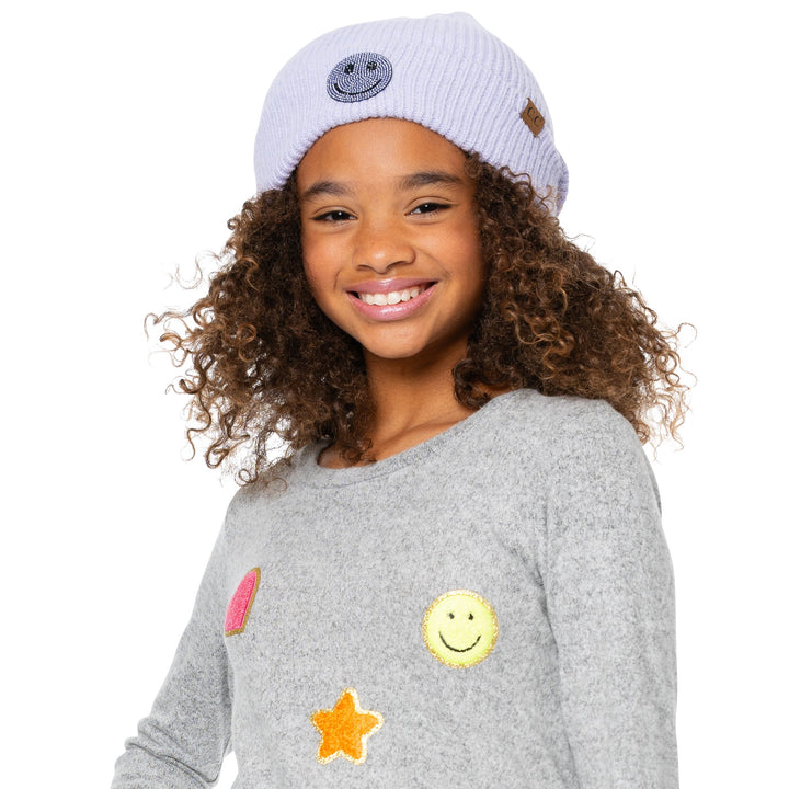 Girl's Solid Color Beanie with Rhinestone Smiley Face Patch