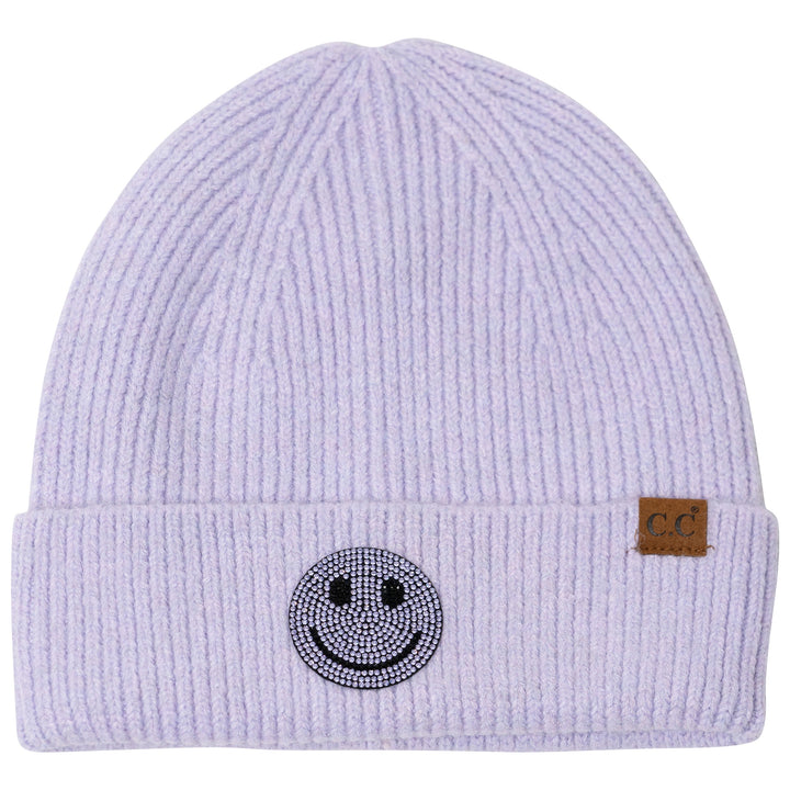 Girl's Solid Color Beanie with Rhinestone Smiley Face Patch