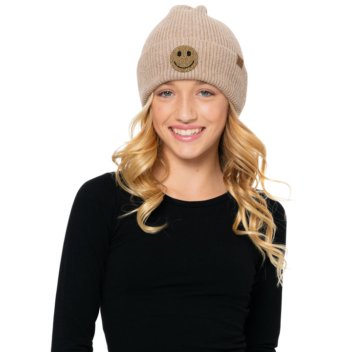 Girl's Solid Color Beanie with Rhinestone Smiley Face Patch