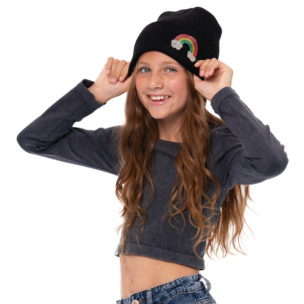 Girl's Solid Color Beanie with Rhinestone Rainbow Patch