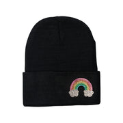 Girl's Solid Color Beanie with Rhinestone Rainbow Patch