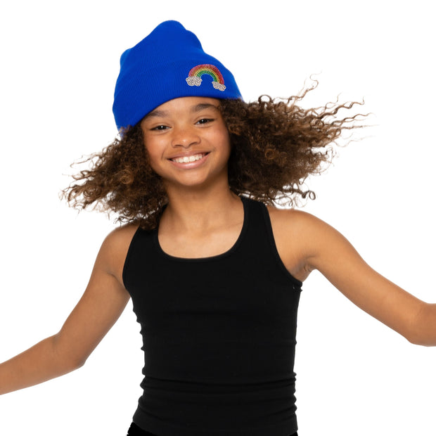 Girl's Solid Color Beanie with Rhinestone Rainbow Patch