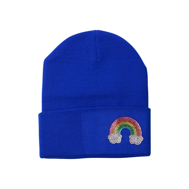 Girl's Solid Color Beanie with Rhinestone Rainbow Patch