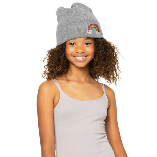 Girl's Solid Color Beanie with Rhinestone Rainbow Patch