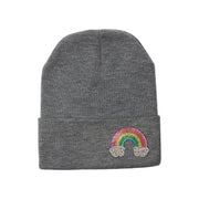 Girl's Solid Color Beanie with Rhinestone Rainbow Patch