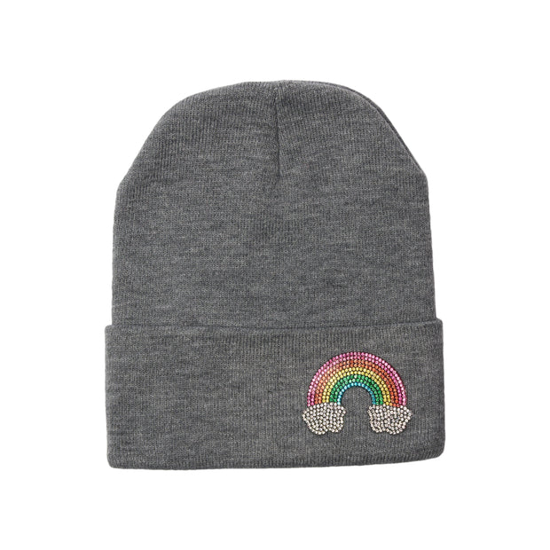 Girl's Solid Color Beanie with Rhinestone Rainbow Patch