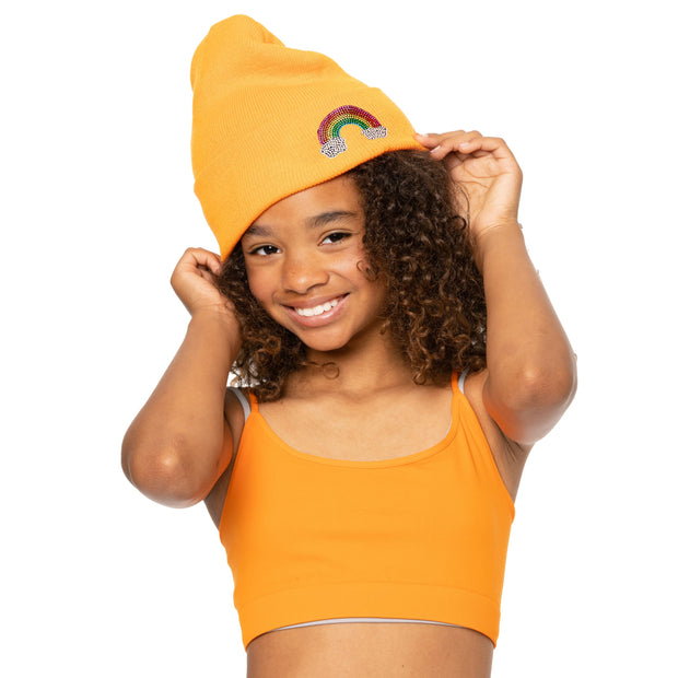 Girl's Solid Color Beanie with Rhinestone Rainbow Patch