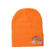 Girl's Solid Color Beanie with Rhinestone Rainbow Patch