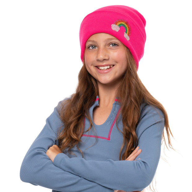 Girl's Solid Color Beanie with Rhinestone Rainbow Patch