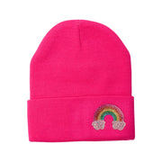 Girl's Solid Color Beanie with Rhinestone Rainbow Patch