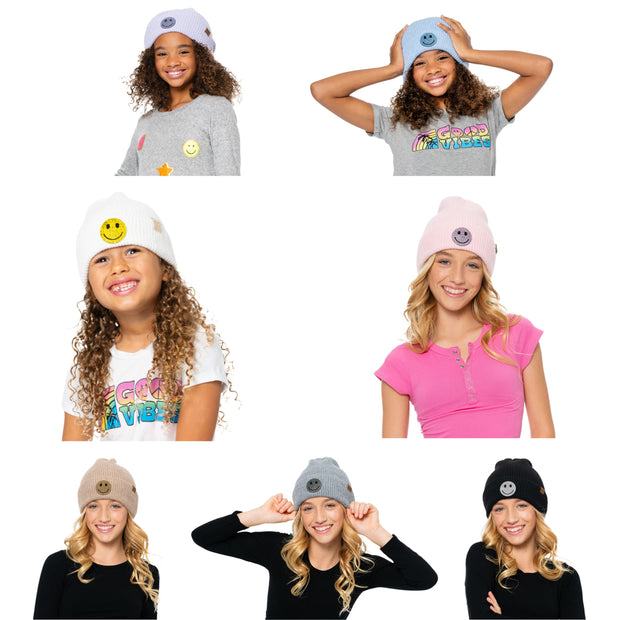 Girl's Solid Color Beanie with Rhinestone Smiley Face Patch