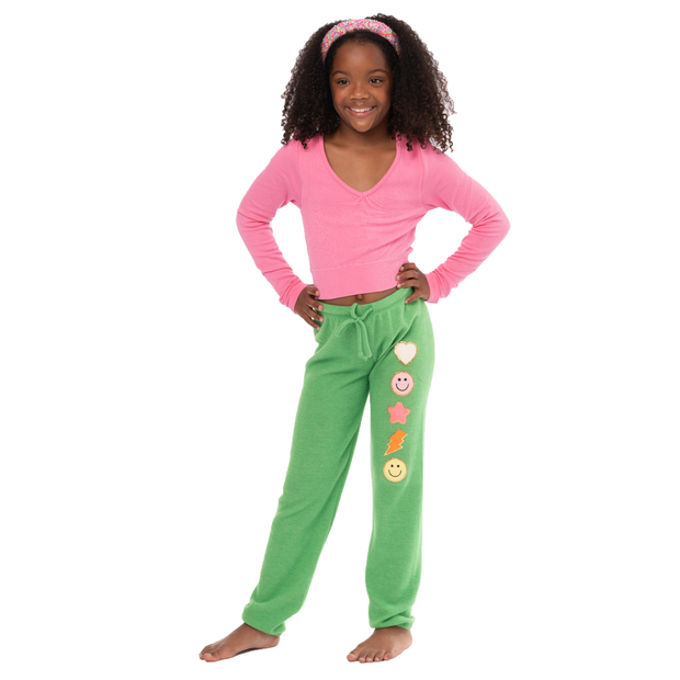 Girl's (8-14) Brushed Hacchi Sweatpants with Assorted Chenille Glitter Patches