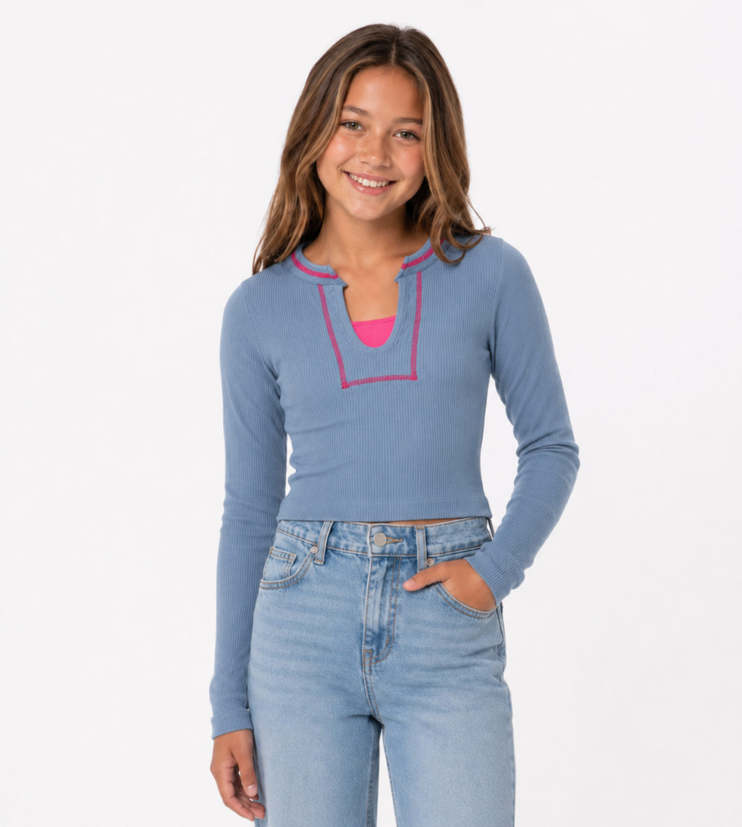 Girl's (8-14) Seamless Long Sleeve Ribbed Top with Contrast Stitching