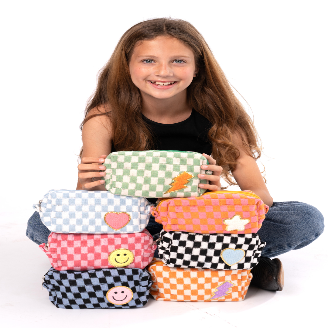 Checkered Cosmetic Bag with Chenille Patch